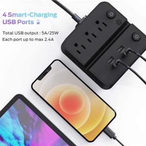 img 1 attached to 🔌 iClever Power Strip с USB и 3 розетками, 4 портами USB для зарядки, удлинителем на 10А 5 футов, двойным переключателем, защитой от перегрузки, подставкой для телефона / планшета для путешествий, офиса и отеля - черный