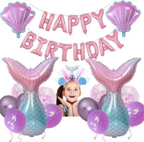 img 4 attached to 🧜 34 Pack Mermaid Happy Birthday Decorations Set for Girls – Includes Headband, Pink & Purple Baby Shower Party Supplies, Background Décor with Happy Birthday Balloons Banner, Hanging Swirls, Inflatable Foil Balloons, Reusable Latex Balloons – Ideal for Kids & Adult Birthday Party