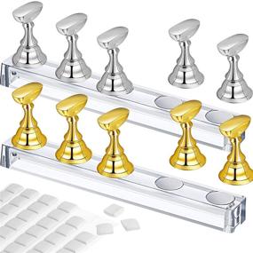 img 4 attached to 🖐️ 2 Pack of Magnetic Acrylic Nail Art Practice Stands with Nail Tip Holders, Training Fingernail Display Stands, DIY Nail Crystal Holders, along with 96 White Reusable Adhesive Putty Pieces in Gold and Silver