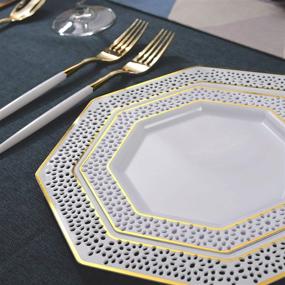 img 2 attached to 🍽️ Supernal 180pcs Gold Dinnerware Set with White Handle: Christmas Plastic Plates, Cutlery, Disposable Octagonal Plates, Cups – Includes 60 Plates, 30 Forks, 30 Knives, 30 Spoons, 30 Cups