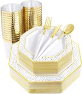 🍽️ supernal 180pcs gold dinnerware set with white handle: christmas plastic plates, cutlery, disposable octagonal plates, cups – includes 60 plates, 30 forks, 30 knives, 30 spoons, 30 cups logo