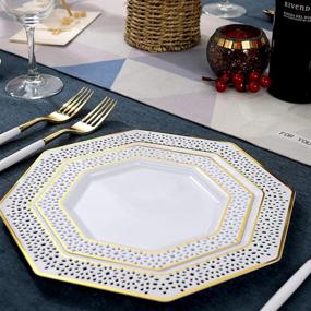 img 1 attached to 🍽️ Supernal 180pcs Gold Dinnerware Set with White Handle: Christmas Plastic Plates, Cutlery, Disposable Octagonal Plates, Cups – Includes 60 Plates, 30 Forks, 30 Knives, 30 Spoons, 30 Cups