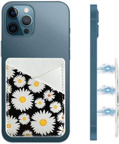 img 3 attached to Durable PU Leather Phone Card Holder: Stick-on Wallet Sleeve for Smartphones - Black White Daisy Design