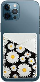 img 4 attached to Durable PU Leather Phone Card Holder: Stick-on Wallet Sleeve for Smartphones - Black White Daisy Design