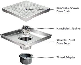 img 2 attached to 🚿 Bathroom Remodel: Bernkot 6-inch Square Shower Drain Brushed 304 Stainless Steel Cover with Hair Strainer & Removable Thread Adapter