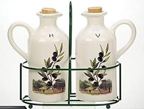 img 2 attached to 🍶 SEO-Enhanced French-Inspired Ceramic Olive Design Oil and Vinegar Pitchers Set with Wire Holder