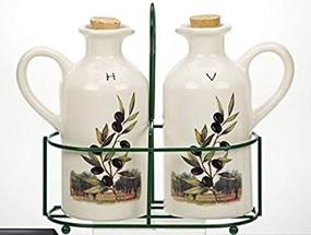 img 1 attached to 🍶 SEO-Enhanced French-Inspired Ceramic Olive Design Oil and Vinegar Pitchers Set with Wire Holder