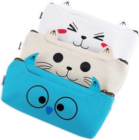 img 4 attached to IPOW 3 Pack Cute Animal Canvas Cosmetic Pencil Bags - Adorable Pen Cases for Students, School Supplies, Tools, Gadgets