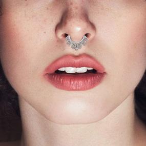 img 2 attached to QWALIT Fake Septum Jewelry - Faux Septum Rings Hoop - Face Septum Hoops - Surgical 👃 Stainless Steel Non Piercing Septum Nose Rings - Men Women Silver Black Rose Gold Rainbow - 8mm 10mm