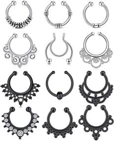 img 3 attached to QWALIT Fake Septum Jewelry - Faux Septum Rings Hoop - Face Septum Hoops - Surgical 👃 Stainless Steel Non Piercing Septum Nose Rings - Men Women Silver Black Rose Gold Rainbow - 8mm 10mm