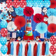 набор из бирюзовых, белых, красных воздушных шариков в белый горошек и бумажных вееров - декорация для вечеринки в стиле доктора сьюза: мальчики и девочки в костюмах первого и второго персонажей, душ для невесты и беби-шауэр логотип