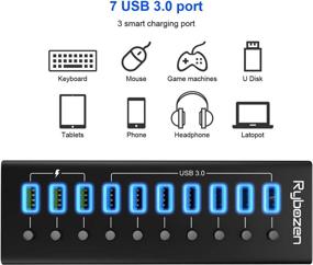 img 3 attached to 💻 Rybozen 10-Port USB Hub with 7 USB 3.0 Data Ports + 3 Smart Charging Ports, Powered by USB, LED Switches, Ideal for Keyboard, Mouse, Printer, Hard Drives