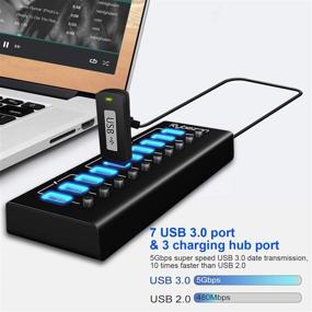 img 2 attached to 💻 Rybozen 10-Port USB Hub with 7 USB 3.0 Data Ports + 3 Smart Charging Ports, Powered by USB, LED Switches, Ideal for Keyboard, Mouse, Printer, Hard Drives