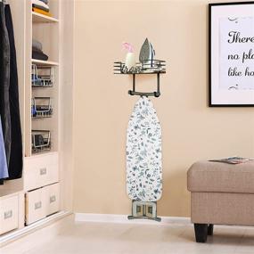 img 1 attached to 🧺 Ironing Board Hanger Wall Mount - Laundry Room Iron and Ironing Board Holder, Metal Wall Mount with Spacious Storage Wooden Base Basket and Detachable Hooks (Black)
