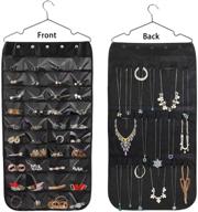 📿 hanging jewelry organizer: double-sided 40 pocket necklace holder with magic tape hooks for earrings, bracelets, rings - black logo