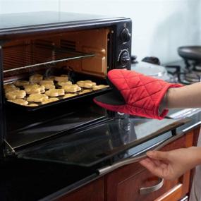 img 1 attached to 🧤 Red Neoprene Mini Oven Mitts, 2-Pack - Heat Resistant Gloves with Non-Slip Grip Surfaces and Hanging Loop for Safe Handling of Hot Pot Cookware/Bakeware