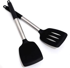 img 4 attached to 🍳 Flexible Silicone Spatula Set, Heat Resistant Handle, 2-Piece, Black, Slotted Turner, Ideal for Fried Egg, Barbecue, Hamburg - Nonstick, Premium Quality