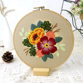 img 1 attached to 🌸 Complete Embroidery Starter Kit: Patterned DIY Beginner Stitch Kit with Stamped Cloth, Bamboo Hoop, Color Threads & Needles - Flowers Orange Red