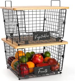 img 3 attached to Kitchen Counter Basket Set with Bamboo Lid - Organizer for Fruits, Vegetables, Bread, K-Cup Coffee Pods - Decorative Storage Wire Basket for Cabinet, Bathroom, Pantry Organization