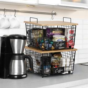 img 1 attached to Kitchen Counter Basket Set with Bamboo Lid - Organizer for Fruits, Vegetables, Bread, K-Cup Coffee Pods - Decorative Storage Wire Basket for Cabinet, Bathroom, Pantry Organization