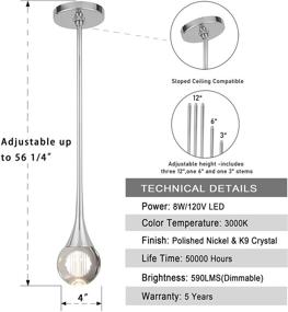 img 3 attached to 🔮 Trammelife - 1-Light Teardrop Crystal Pendant Light, Mini Globe LED Ceiling Hanging Light in Polished Nickel Finish, 8W Dimmable Metal Rod Glass Pendant Lighting for Kitchen, Bathroom, Dining Room, and Bar