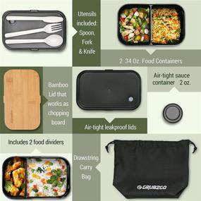 img 2 attached to 🍱 GRUB2GO Bento Lunch Box (Large 68 Oz Capacity) 2021 Model - 70% Bigger - Bamboo Chopping Board Lid, Carry Bag, 2 Dividers, Utensils, Sauce Container Included