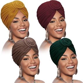 img 4 attached to SATINIOR African Pattern Headwrap Set - Pre-Tied Bonnet Turban Knot Beanie Cap and Hat Combo for Stylish Headwear