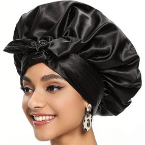 img 4 attached to 🌙 Satin Bonnet for Curly Hair Sleeping: Premium Hair Bonnet for Black Women with Silk Adjustable Cap for Braids - Double Layer Satin Bonnet with Tie Band