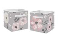 versatile set of 2 grey watercolor floral fabric storage cube bins - perfect organizer for toys, kids, baby & childrens - blush pink, gray, and white shabby chic rose flower farmhouse design logo