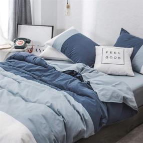 img 3 attached to 🛏️ VM VOUGEMARKET Blue Stripe Duvet Cover Queen: Modern Farmhouse Bedding Set with Navy White Patchwork Ticking Stripe Design