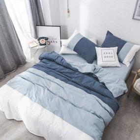 img 4 attached to 🛏️ VM VOUGEMARKET Blue Stripe Duvet Cover Queen: Modern Farmhouse Bedding Set with Navy White Patchwork Ticking Stripe Design