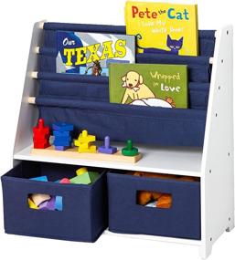 img 3 attached to Wildkin Kids Canvas Sling Bookshelf: Organize Bedrooms, Playrooms & Classrooms with Four Shelves and Two Drawers (White w/ Blue Canvas)