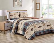 river lodge full/queen bedding set with rustic fly fishing theme, southwestern tartan check, and tweed patterns in blue and brown logo