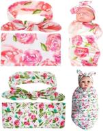 🌸 qandsweet newborn swaddle blanket and headband set - baby floral print wrap in pink and green logo