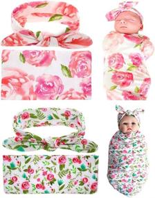 img 4 attached to 🌸 QandSweet Newborn Swaddle Blanket and Headband Set - Baby Floral Print Wrap in Pink and Green