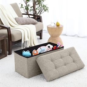 img 3 attached to Beige Foldable Tufted Linen Storage Ottoman Bench Foot Rest Stool/Seat - 15x30x15 inches by Ornavo Home