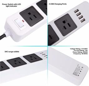 img 3 attached to Удлинитель с 6-футовым шнуром и защитой от перенапряжений с USB - 🔌 3 розетки, входной ток 110-250 В, 4 порта USB (5 В 4 А)