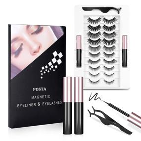 img 4 attached to 💫 10 Pairs of POSTA Magnetic Eyelashes with 2pcs Eyeliner, 3D False Eyelashes, Tweezers, Magnetic Eyeliner and Eyelash Kit for Women