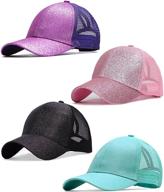 glitter mesh baseball ball cap trucker sun visor hats for girls - 4 pieces, perfect for messy buns & ponycaps logo