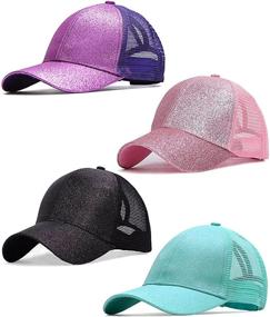 img 1 attached to Glitter Mesh Baseball Ball Cap Trucker Sun Visor Hats for Girls - 4 Pieces, Perfect for Messy Buns & Ponycaps