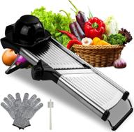 stainless steel mandoline slicer for kitchen - adjustable vegetable slicer for onion, carrot, potato, tomato, cabbage, french fry - includes cut resistant gloves and brush logo