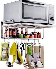 img 4 attached to Ninetonine Aluminum Microwave Oven Wall Mount Double Shelf With Convenient Hooks for Storage