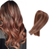 π seamless skin weft silk remy hair tape on extensions - medium brown with medium auburn highlights logo