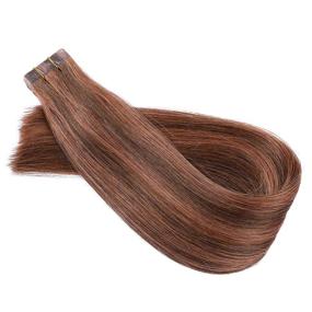 img 3 attached to 🌟 Seamless Skin Weft Silk Remy Hair Tape on Extensions - Medium Brown with Medium Auburn Highlights