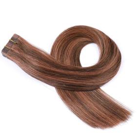 img 2 attached to 🌟 Seamless Skin Weft Silk Remy Hair Tape on Extensions - Medium Brown with Medium Auburn Highlights