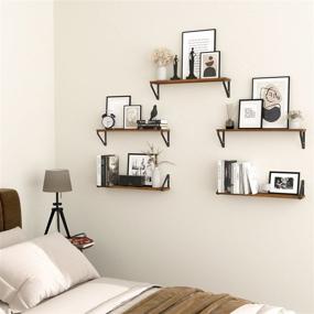 img 3 attached to 📚 Floating Walnut Wall Shelves Set of 5 - 24" Floating Bookshelf for Bedroom Decor, Wallniture Ponza Wood Shelves