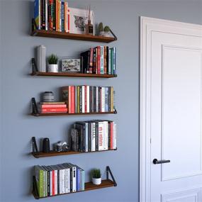 img 2 attached to 📚 Floating Walnut Wall Shelves Set of 5 - 24" Floating Bookshelf for Bedroom Decor, Wallniture Ponza Wood Shelves