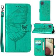 🦋 a12 phone case wallet for galaxy a12 - kickstand, wrist strap, card holder slots - butterfly floral embossed green pu leather flip cover samsung a12 case logo