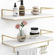 modern white floating shelves with gold towel bar hooks - stylish bathroom wall storage for bedroom, nursery, kitchen | set of 2 by forbena logo