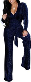 img 2 attached to 👗 LightlyKiss Women's Casual V Neck Sparkly Jumpsuit - Long Sleeve, Loose Pants, Party Clubwear with Belt